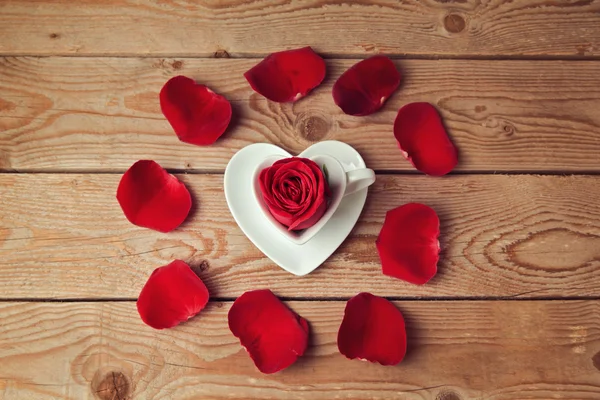 Pétales de fleur de rose et tasse — Photo