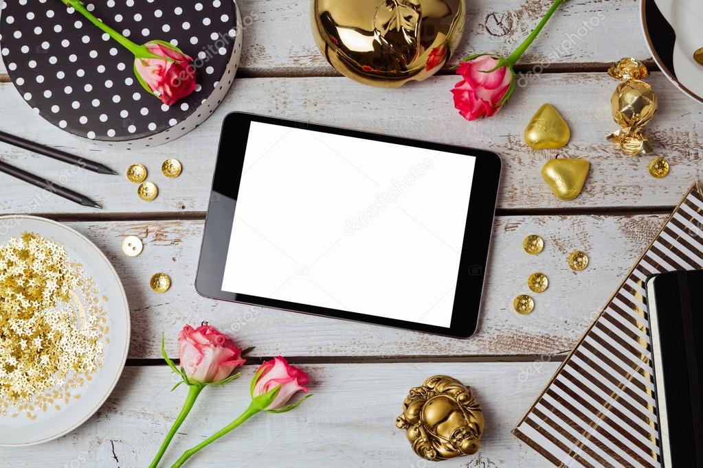 tablet mock up with feminine objects