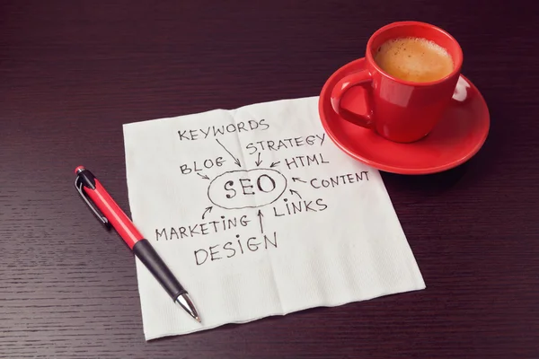 SEO diagram on napkin with coffee cup — Stock Photo, Image
