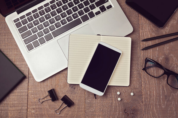 Smartphone mock up template on office deck