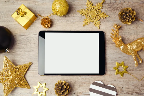 Tablet mock up template with Christmas decorations — Stock Photo, Image