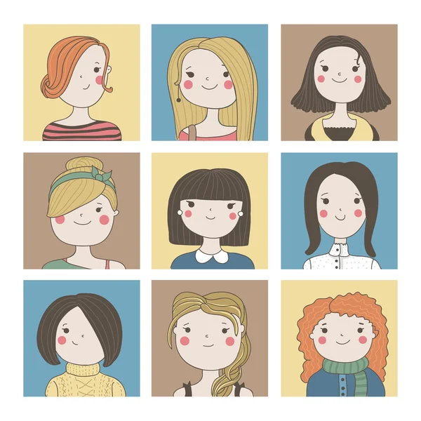 Schattig vector set girlsavatars. Hipsters en stijlvolle vrouwen. — Stockvector