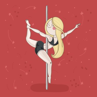 Cute girl performing pole dance. Brigth red background clipart