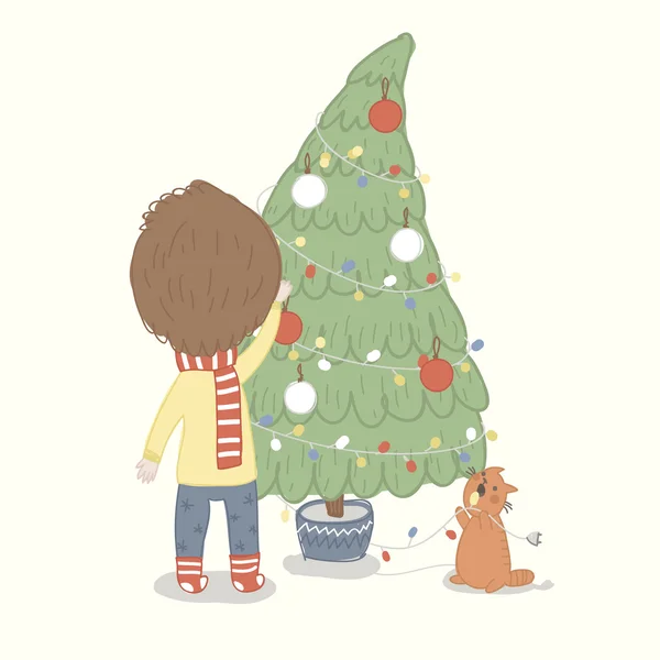 Personnages décorent arbre de Noël — Image vectorielle