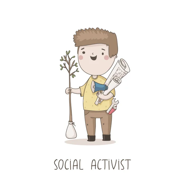 Gelukkig karakter sociale activist — Stockvector