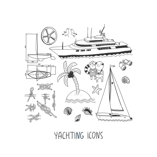 Yachting handgezeichnete Symbole gesetzt — Stockvektor