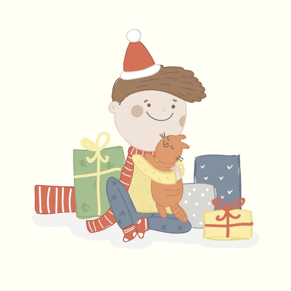 Feliz Navidad. Niño y gato — Vector de stock