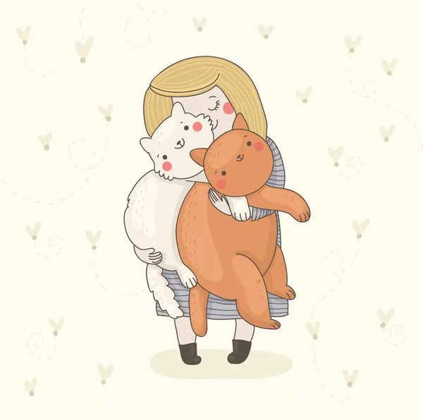 Menina, que abraça seus gatos —  Vetores de Stock