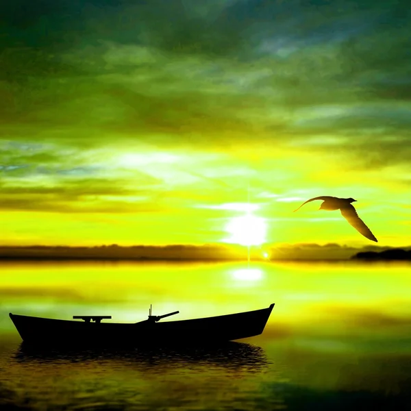 Tekne ve gün batımında kuş — Stok fotoğraf