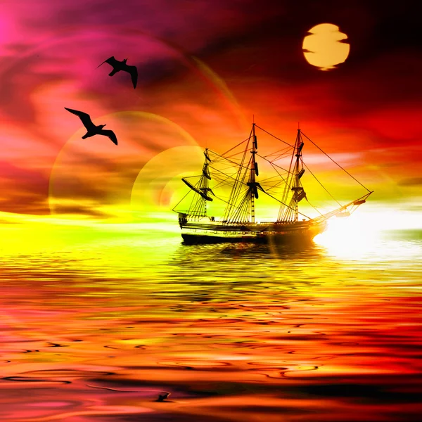 Zeilboot tegen zonsondergang landschap — Stockfoto
