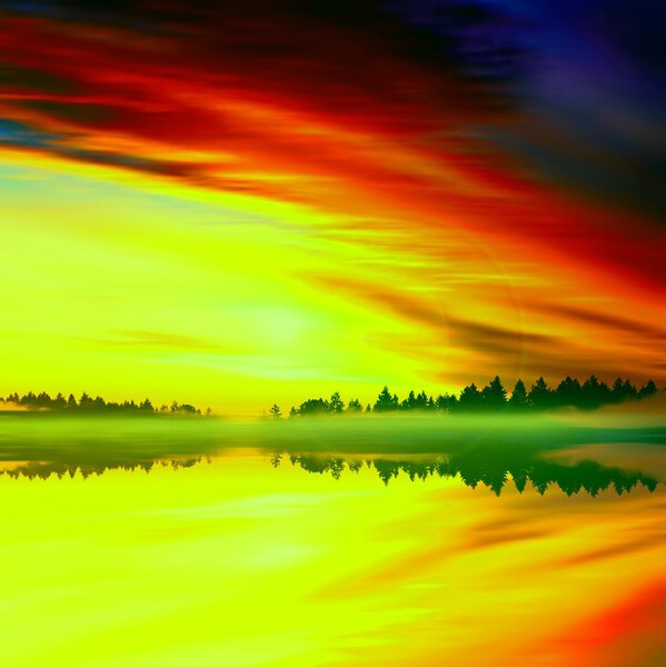 Illustration of beautiful colorful sundown landscape