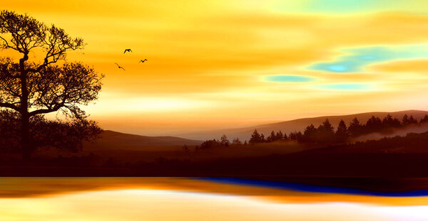 Illustration of beautiful colorful sundown landscape
