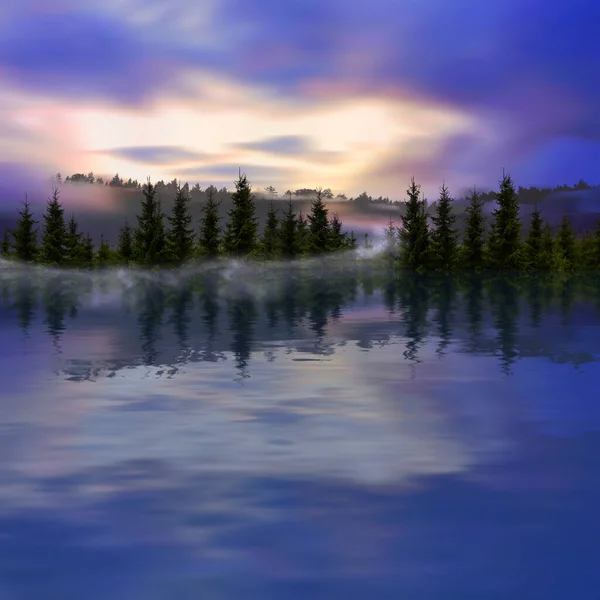3Dイラスト 霧に包まれた湖の上の森 — ストック写真