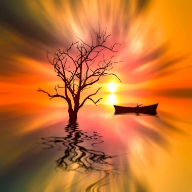 Üç boyutlu illüstrasyon. Turuncu şafak. Sakin sabah.