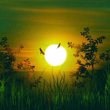 Üç boyutlu illüstrasyon. Bahar güneşi. Yağlı boya resmin taklidi.