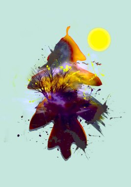 Üç boyutlu illüstrasyon. Bir meşe yaprağının arka planındaki soyut manzara.