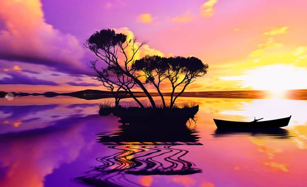 Иллюстрация Ярко Розовый Закат Моря Деревянная Лодка Рядом Маленьким Островом — стоковое фото