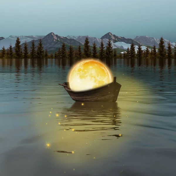 Ilustração Lua Amarela Forma Uma Bola Barco Lago — Fotografia de Stock