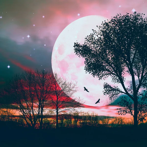 Ilustración Luna Grande Detrás Del Árbol —  Fotos de Stock