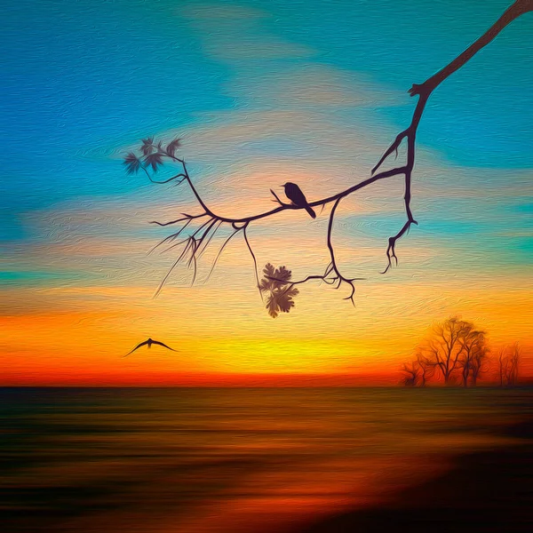 Ilustración Pájaro Una Rama Sobre Fondo Cielo Brillante Imitación Pintura — Foto de Stock