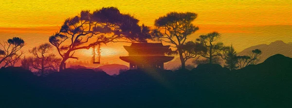 Illustration Orangefarbener Sonnenuntergang Über Den Japanischen Bergen — Stockfoto