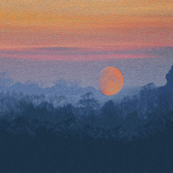 3Dイラスト 森の上のオレンジの太陽 — ストック写真