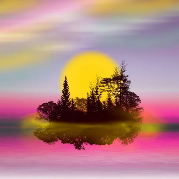 Ilustracja Wędrująca Wyspa Żółtej Mgle Zachodzie Słońca — Zdjęcie stockowe