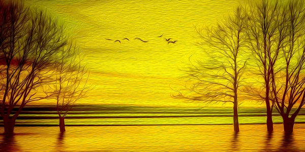 Amanecer Amarillo Una Mañana Primavera Imitación Pintura Óleo Ilustración — Foto de Stock