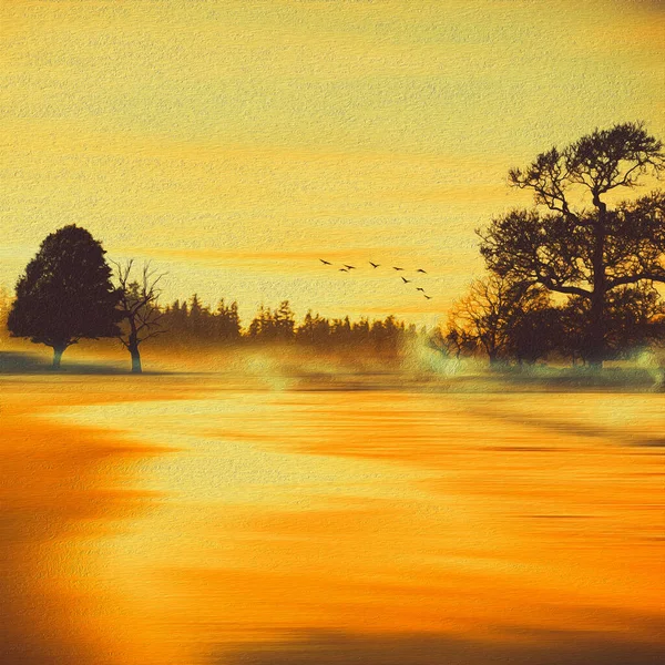 Illustrazione Nebbia Arancione Nel Prato Imitazione Della Pittura Olio — Foto Stock