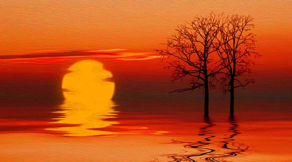 Illustrazione Luminoso Tramonto Arancione Sul Mare Imitazione Della Pittura Olio — Foto Stock