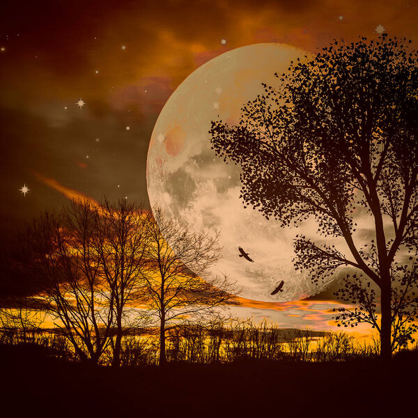 3D illustration. Big moon in the forest.