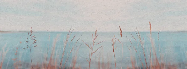 Orejas Hierba Seca Sobre Fondo Del Mar Imitación Pintura Óleo — Foto de Stock