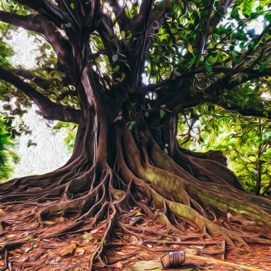 Dallı kökleri olan büyük bir ağaç. Yağlı boya taklidi. 3B illüstrasyon.