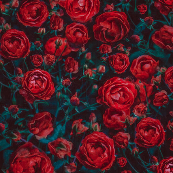 Abstract background from a bush of red roses. Oil painting imitation. 3D illustration.