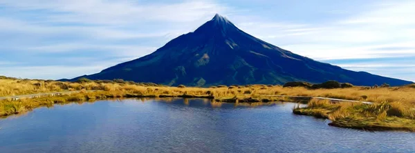 Taranaki Wulkan Nowej Zelandii Imitacja Malarstwa Olejnego Ilustracja — Zdjęcie stockowe