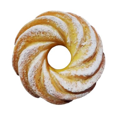 Beyaz arka planda beyaz kremalı karamelli simit. Yağlı boya taklidi. 3B illüstrasyon. 