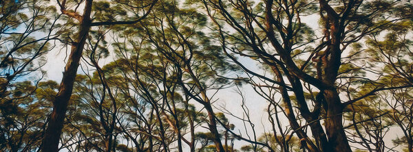 Background from forest trees. Oil painting imitation. 3D illustration. 