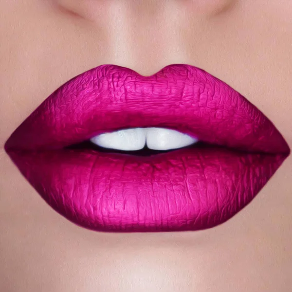 Rossetto Rosa Labbra Paffute Pittura Olio Imitazione Illustrazione — Foto Stock