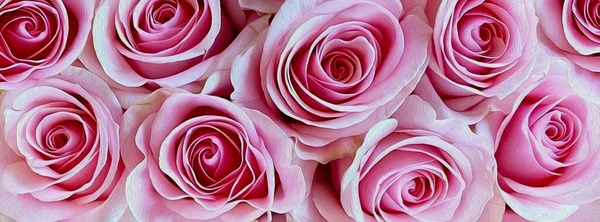 Horizontal Background Pink Roses Oil Painting Imitation Illustration — Stock Photo, Image