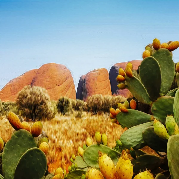 Paesaggio Luminoso Dalla Valle Dei Cactus Pittura Olio Imitazione Illustrazione — Foto Stock