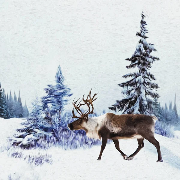 Deer Background Lapland Landscape Oil Painting Imitation Illustration — Stock Photo, Image