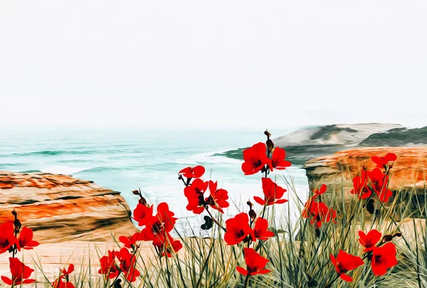 Rode Bloemen Aan Rotsachtige Kust Olieverf Imitatie Illustratie — Stockfoto