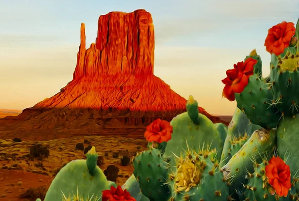 テキサス州でサボテンの開花 油絵の模倣 3Dイラスト — ストック写真
