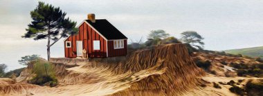 Deniz kenarındaki tepede bir ev. Yağlı boya taklidi. 3B illüstrasyon. 
