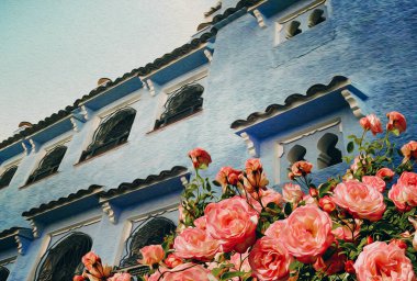 Türkiye 'de eski bir evin arka planında şeftali gülleri. Yağlı boya taklidi. 3B illüstrasyon.