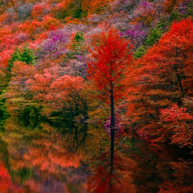 Nehir boyunca renkli ormanlar dökülüyor. Yağlı boya taklidi. 3B illüstrasyon.