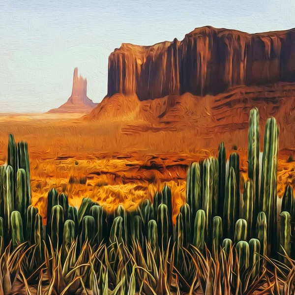 A clearing with cacti in the Texas Desert. Oil painting imitation. 3D illustration.