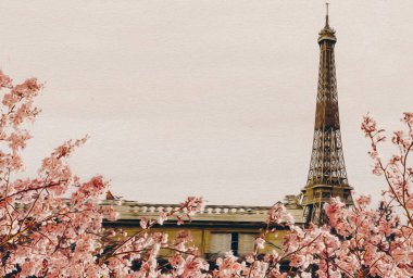 Paris 'in arka planında çiçek açan sakura dalları. Yağlı boya taklidi. 3B illüstrasyon.