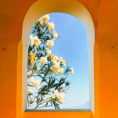 Turuncu bir binanın kemerli penceresinde çiçek açan ağaç. Yağlı boya taklidi. 3B illüstrasyon.