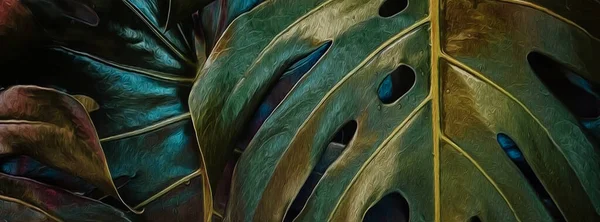 Background from monstera leaves. Oil painting imitation. 3D illustration.